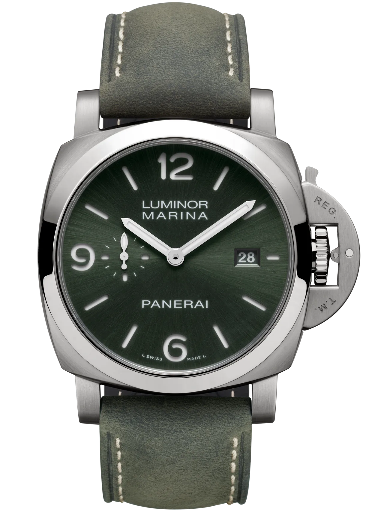 沛纳海Luminor Marina Titanio (PAM03325),44mm,磨砂五级钛金属材质表壳,绿色太阳放射纹三明治表盘,墨绿色麂皮表带,P.980自动上链机械机芯,动力储存3日,防水深度500米。品牌提供