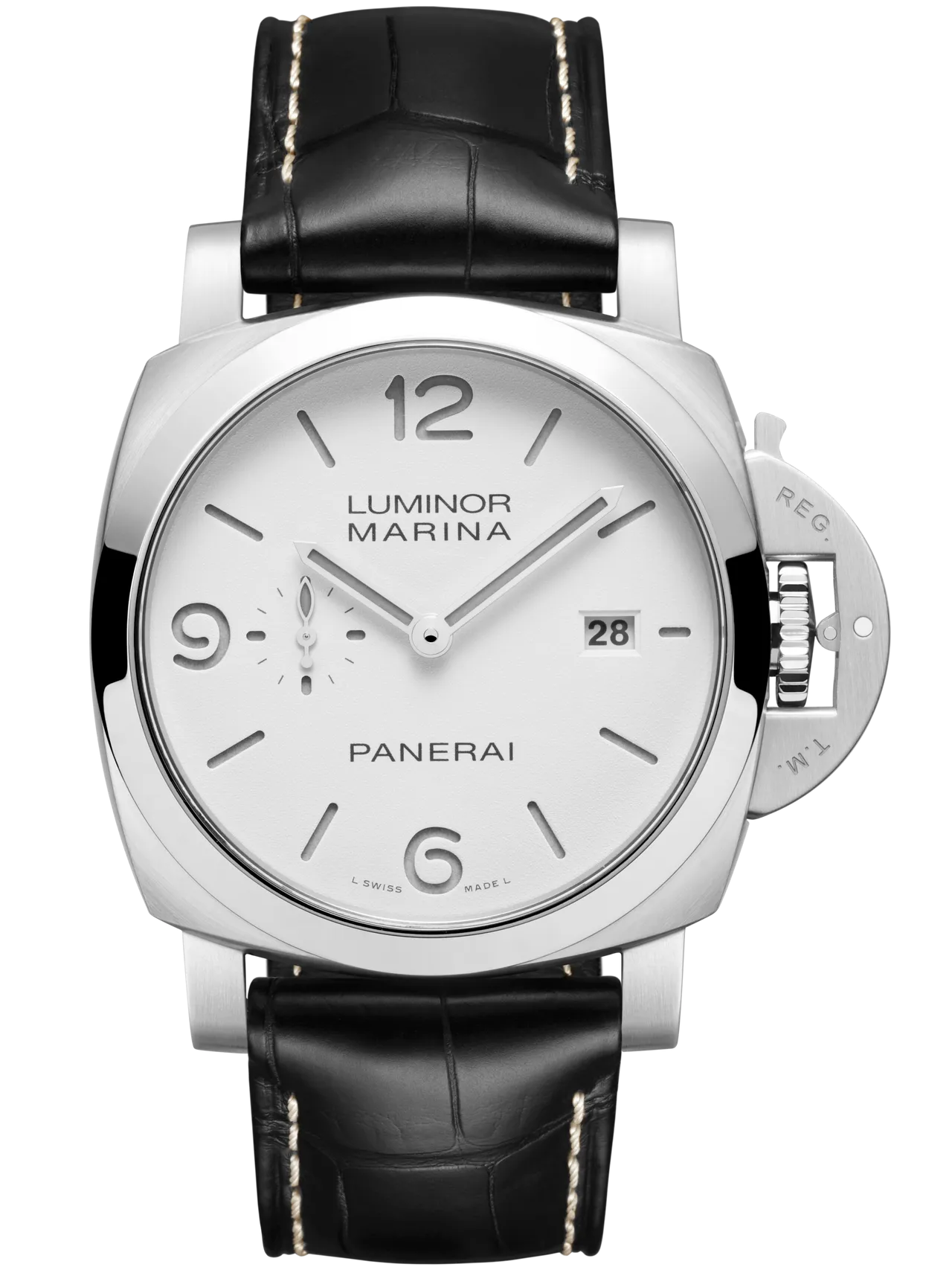 沛纳海Luminor Marina(PAM03314),44mm,磨砂AISI 316LVM级1.4441精钢材质表壳,白色雾面三明治表盘,黑色鳄鱼皮表带,P.980自动上链机械机芯,动力储存3日,防水深度500米。品牌提供