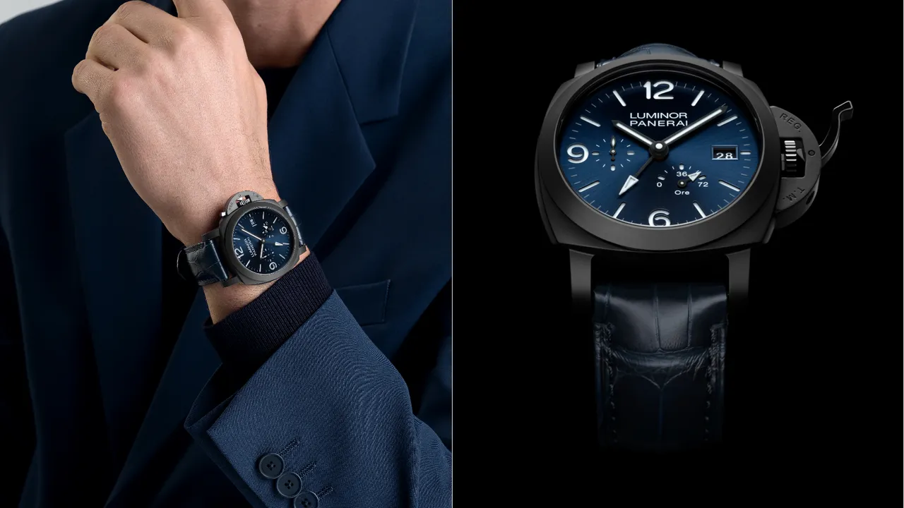 沛纳海Luminor GMT Power Reserve Ceramica(PAM01574),44mm,黑色磨砂陶瓷表壳,蓝色太阳放射纹三明治表盘,蓝色鳄鱼皮表带/蓝色橡胶表带,P.9012自动上链机械机芯,动力储存3日,防水深度300米。品牌提供