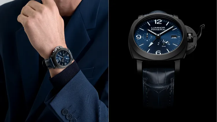 沛納海Luminor GMT Power Reserve Ceramica（PAM01574），44mm，黑色磨砂陶瓷錶殼，藍色太陽放射紋三明治錶盤，藍色鱷魚皮錶帶/藍色橡膠錶帶，P.9012自動上鍊機械機芯，動力儲存3日，防水深度300米。品牌提供