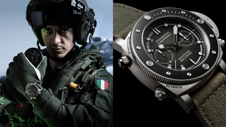 沛納海Submersible Chrono Marina Militare體驗版腕錶（PAM01699），47ｍｍ，五級鈦金屬磨砂錶殼，綠色粒紋霧面錶盤，綠色棉質帆布錶帶／黑色橡膠錶帶，P.9100/R自動上鍊機芯，動力儲存3日，防水深度500米，限量35只。品牌提供