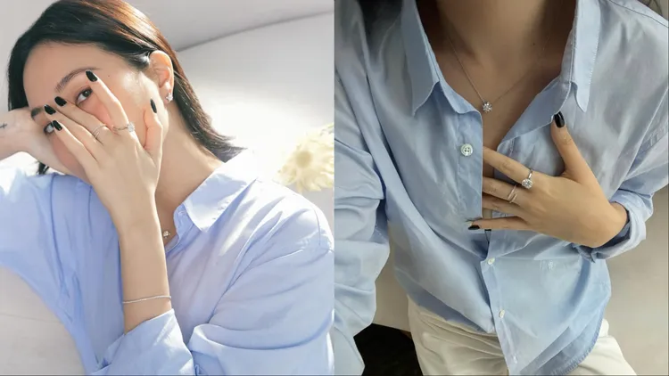 Melinda搭配Eternity單鑽戒指、開口環戒、Galaxy耳釘、Galaxy Tennis手鍊等珠寶。翻攝Melinda IG