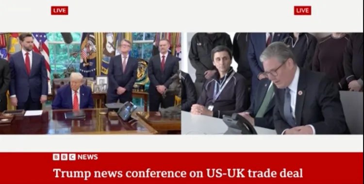 美國總統川普（左圖）與英國首相施凱爾連線宣布貿易協議。翻攝畫面