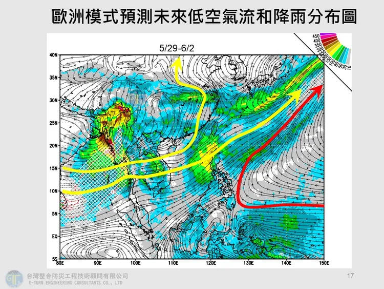 歐洲模式預測東亞區域低空氣流和降雨分布圖指出，今（29日）至6月2日太平洋高壓偏東。翻攝自賈新興臉書