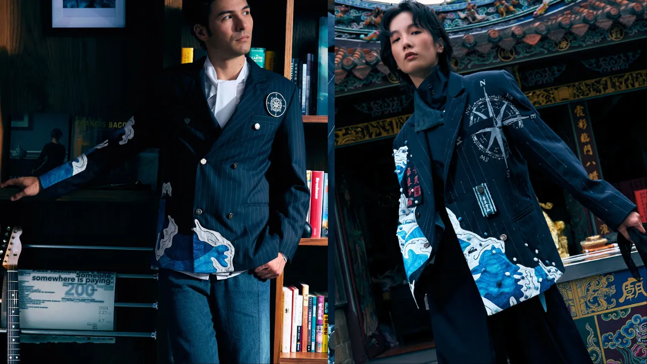 鳳小岳(左)穿著由Story Wear為城隍爺打造的同款西裝。品牌提供