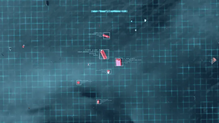 無人偵察機起飛後可框定面積自動化巡航，鏡頭配置AI感測儀器辨識海洋垃圾，發送GPS位置指引無人垃圾船前往蒐集。犀牛盾提供
