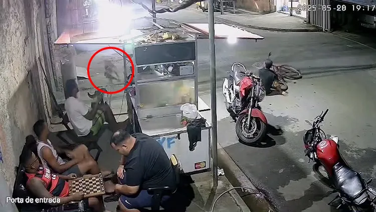 男子摔車後很快坐起身，看著肇禍的狗狗（紅圈處）逃離現場。翻攝自X