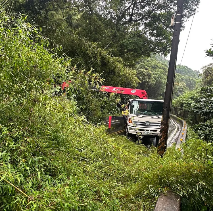 龜山區壽山路往新莊方向路樹倒塌，工程人員清除中。龜山警分局提供