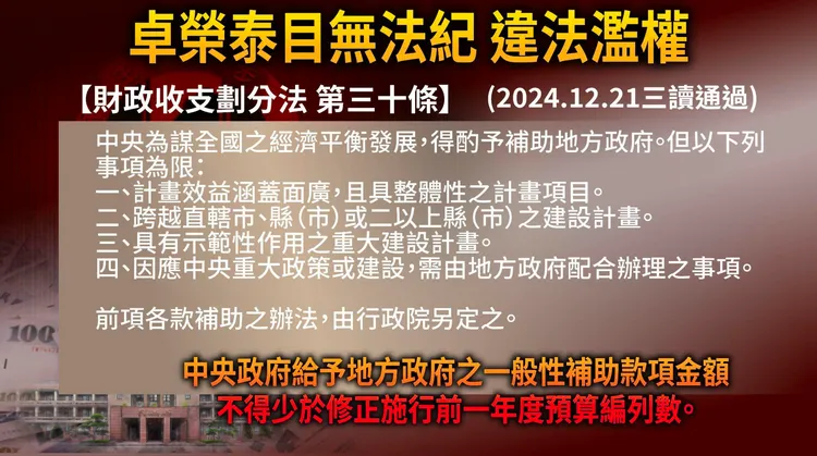 《財政收支劃分法》第30條明定「中央政府給予地方政府之一般性補助款項金額，不得少於修正施行前一年度預算編列數。」。民眾黨提供