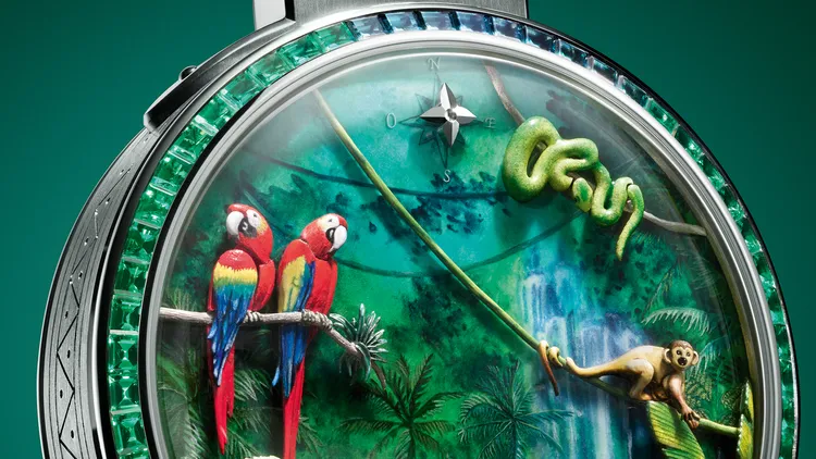 LV Escale en Amazonie懷錶，50mm，18K白金錶殼，手工雕刻及琺瑯錶盤，18K白金錶鍊，LFT AU14.03 手動上鍊機械機芯，動力儲存8日，防水深度30米，1億1840萬元。品牌提供