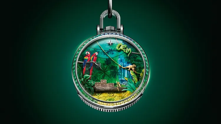 LV Escale en Amazonie懷錶，50mm，18K白金錶殼，手工雕刻及琺瑯錶盤，18K白金錶鍊，LFT AU14.03 手動上鍊機械機芯，動力儲存8日，防水深度30米，1億1840萬元。品牌提供