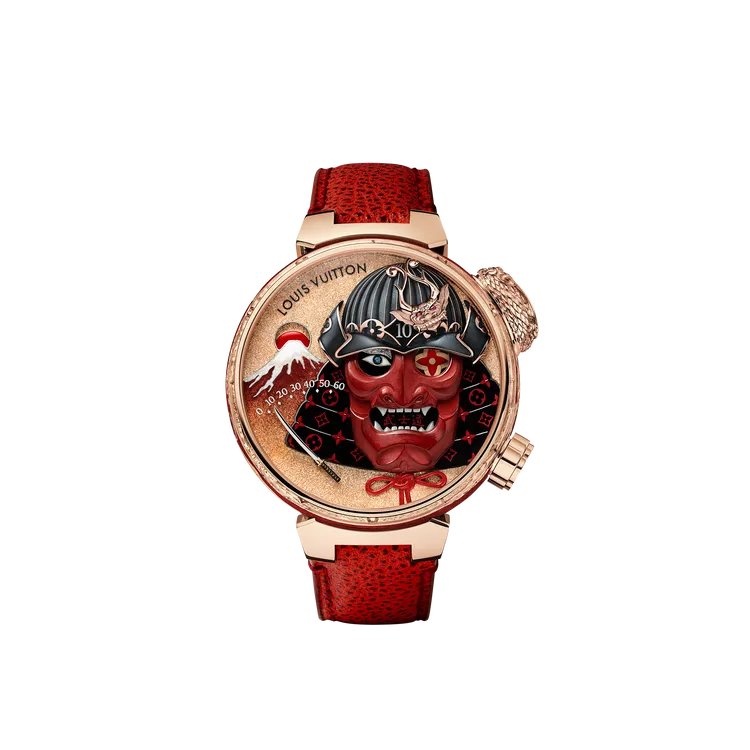 LV Tambour Bushido Automata腕錶，46.8mm，18K玫瑰金錶殼，手工製琺瑯錶盤，紅色小牛皮錶帶，LV 525 手動上鍊機械機芯，動力儲存100小時，防水深度30米，2745萬元。品牌提供