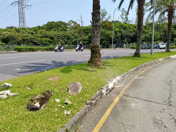 李姓女駕駛先高速衝越分隔島後，穿過兩顆椰子樹中間，再掉進對向邊坡。翻攝畫面