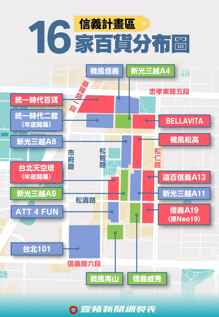 信義計畫區16家百貨分布圖。《壹蘋新聞網》製圖