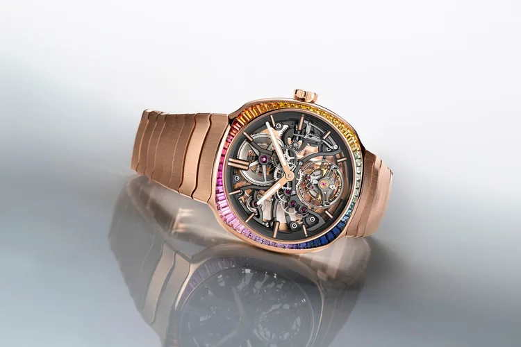 亨利慕時疾速者陀飛輪鏤空彩虹腕錶，40mm，5N紅金錶殼，全鏤空錶盤，一體式5N紅金鍊帶/一體式不鏽鋼鍊帶，動力儲存72小時，防水深度120米。品牌提供