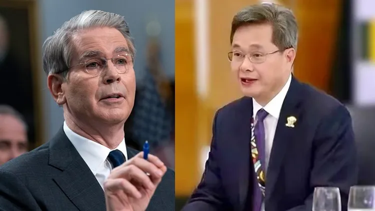 金融時報報導，美國財政部長貝森特（左）曾與中國財部部長藍佛安秘密會面。合成畫面。美聯社