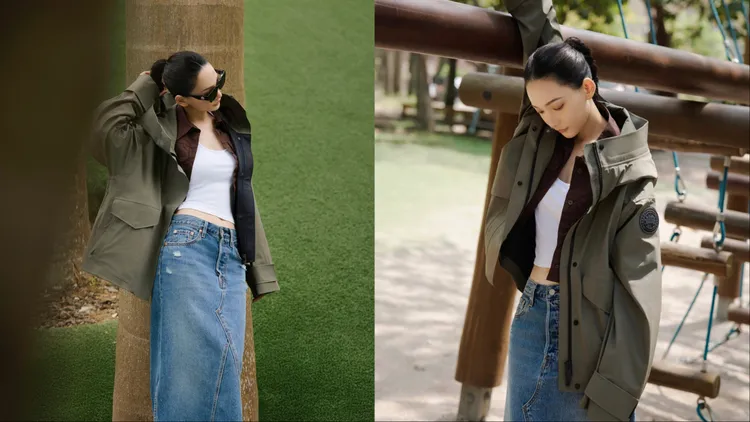 林映唯以軍綠色Tofino風雨衣疊穿咖啡色短版襯衫，下半身搭配牛仔長裙。品牌提供