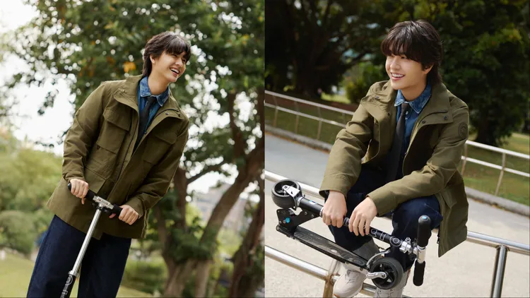 王碩瀚以Harrison防風夾克內搭配牛仔襯衫與牛仔褲，再藉由黑色領帶的點綴畫龍點睛。品牌提供