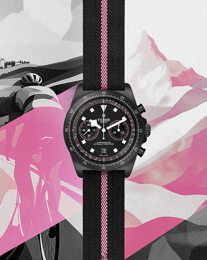 帝舵Pelagos FXD Chrono粉紅款，43mm，啞黑色碳複合材質錶殼，啞黑色錶盤，一體式黑色織紋錶帶，帝舵表原廠機芯MT5813型，動力儲存70小時，防水深度100米，限量300只。品牌提供