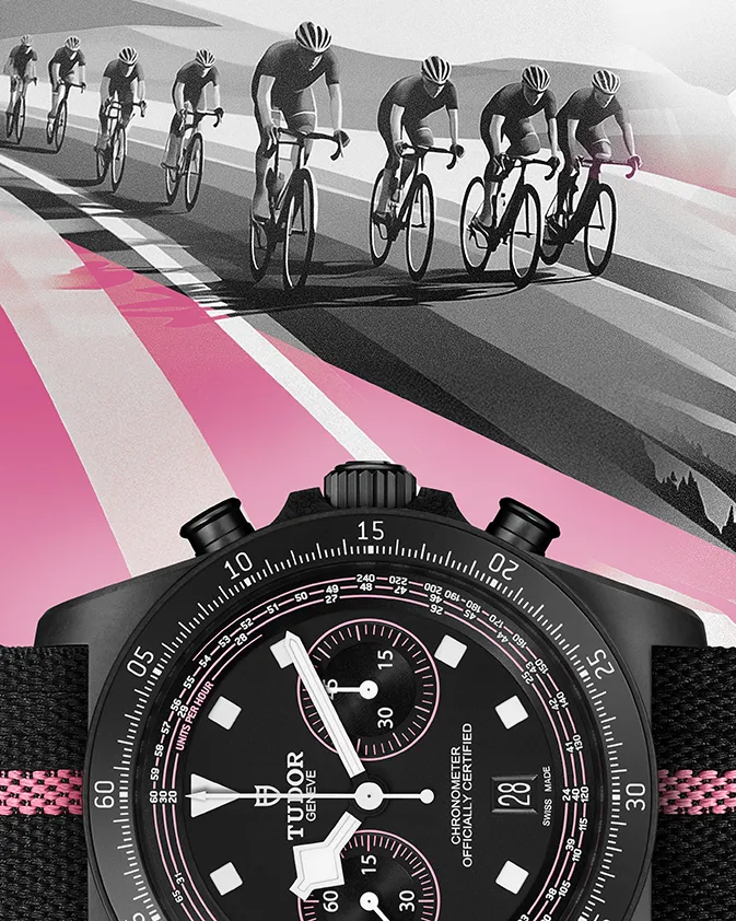 帝舵Pelagos FXD Chrono粉紅款，43mm，啞黑色碳複合材質錶殼，啞黑色錶盤，一體式黑色織紋錶帶，帝舵表原廠機芯MT5813型，動力儲存70小時，防水深度100米，限量300只。品牌提供