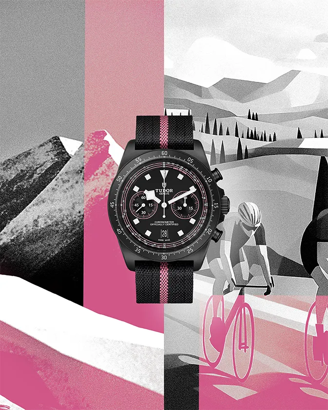 帝舵Pelagos FXD Chrono粉紅款，43mm，啞黑色碳複合材質錶殼，啞黑色錶盤，一體式黑色織紋錶帶，帝舵表原廠機芯MT5813型，動力儲存70小時，防水深度100米，限量300只。品牌提供