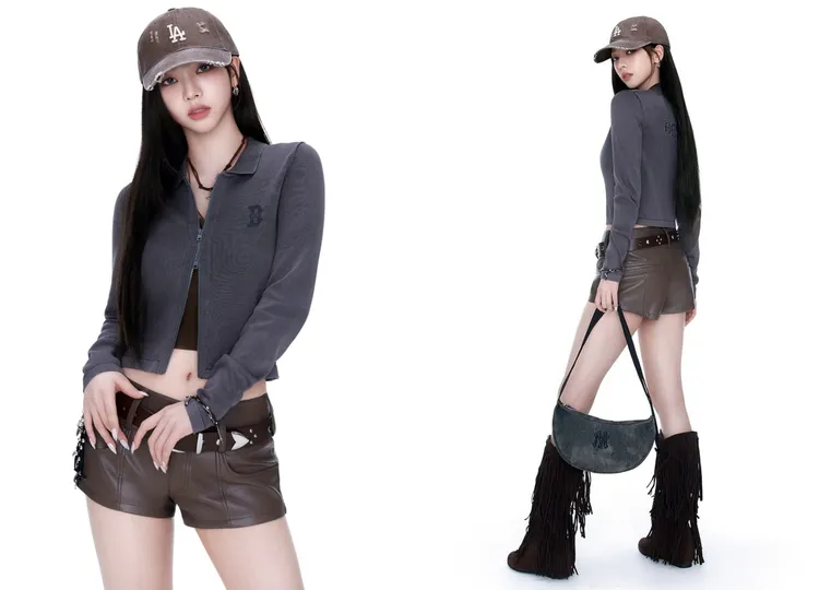 Karina以短版拉鍊上衣、皮褲秀出高挑身形。翻攝mlbkorea_taiwan IG