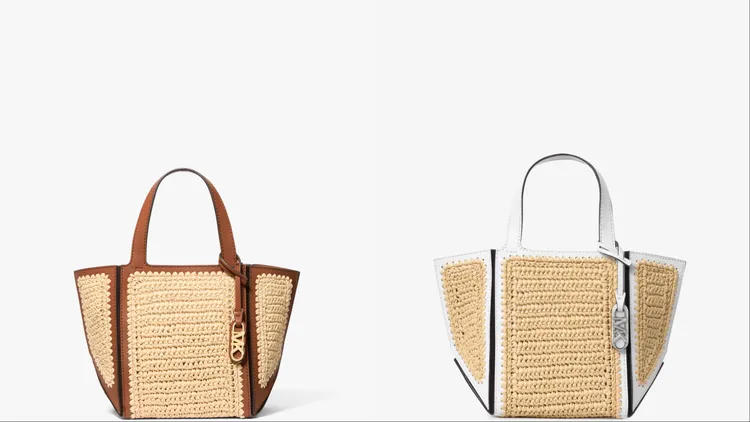 MICHAEL KORS Jordi咖啡色拉菲草小提包，1萬2300元。品牌提供