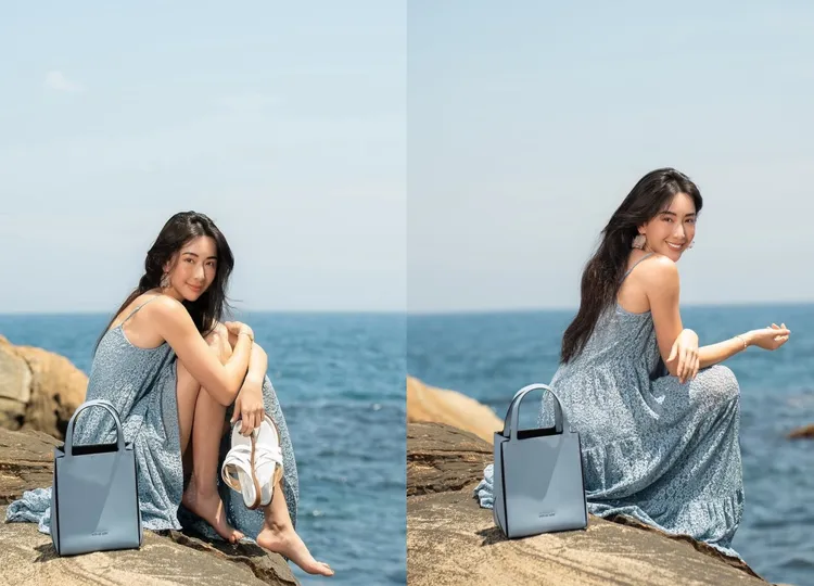 隋棠以水藍色吊帶洋裝搭配Jordi寶寶藍中型提包。品牌提供