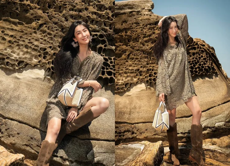 隋棠改以刺繡短洋裝凸顯Jordi白色拉菲草小提包的度假感。品牌提供