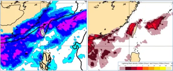 最新（9日20時）歐洲模式（ECMWF）下週日（11）上午8時地面氣壓及降水模擬圖（左）顯示，鋒面籠罩、各地明顯降雨；閃電密度（前6小時累加）模擬圖（右）顯示，台灣附近閃電發生頻率高。氣象應用推廣基金會