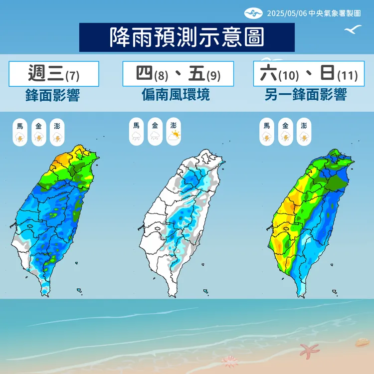 未來（5月7日至11日）降雨趨勢。中央氣象署提供