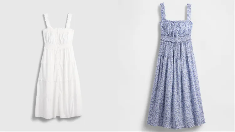 Gap X DOEN聯名系列孔眼裝飾洋裝（左）6999元、花朵露肩洋裝（右）4499元。品牌提供