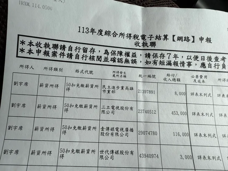 四叉貓曬出報稅單。翻攝四叉貓臉書