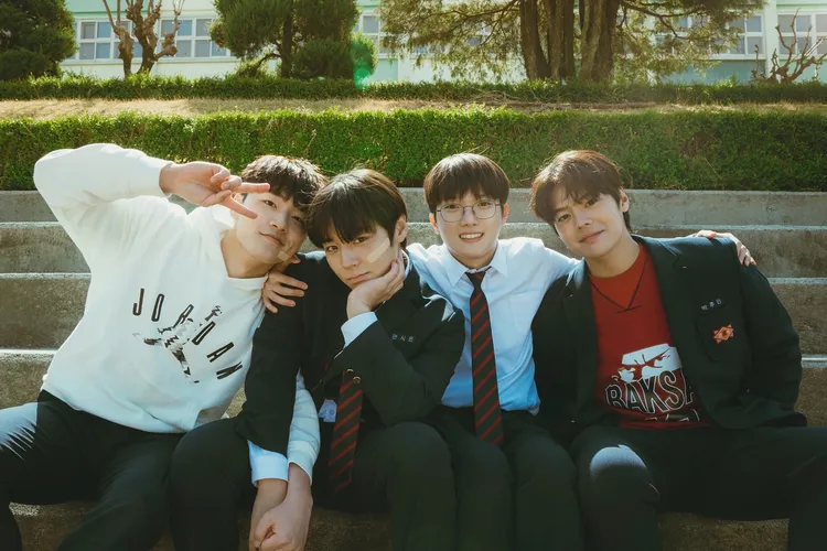 朴志訓（左二）第2季轉學到銀章高中，與李旻宰（左起）、崔珉榮、厲雲一起對抗校園惡霸。翻攝Netflix
