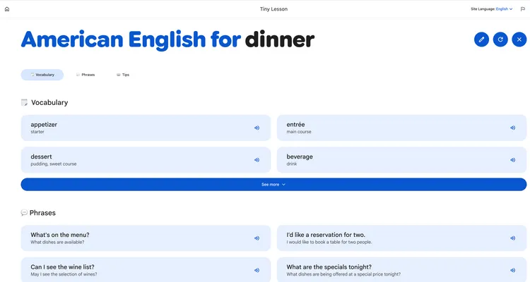 只要輸入想要學習的情境，「Tiny Lesson」就會列出相關的單字等。翻攝Little Language Lessons網頁
