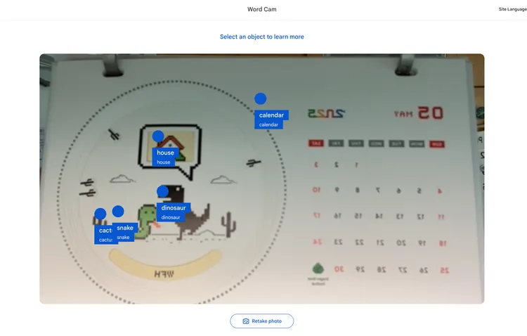 「Word Cam」讓用戶透過鏡頭拍照學習相關單字。翻攝Little Language Lessons網頁