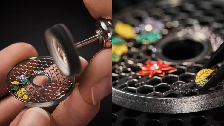 Dior Grand Bal系列透過工匠巧手將花朵元素細膩置於格紋錶盤上。品牌提供