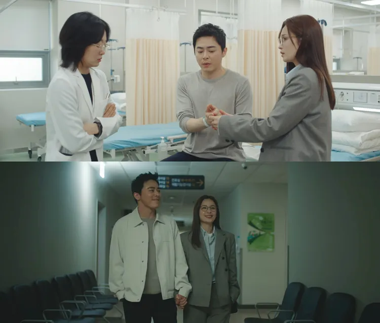 曹政奭（上圖中）雙手被三秒膠黏死，跑到急診室求救好友李鳳輦（上圖左），與田美都（下圖右）跑到門診抓偷偷約會的醫生。翻攝Netflix