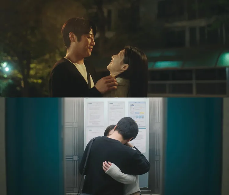 「親家CP」鄭準元、高允貞第9集結尾宣布交往，電梯裡開親。翻攝Netflix
