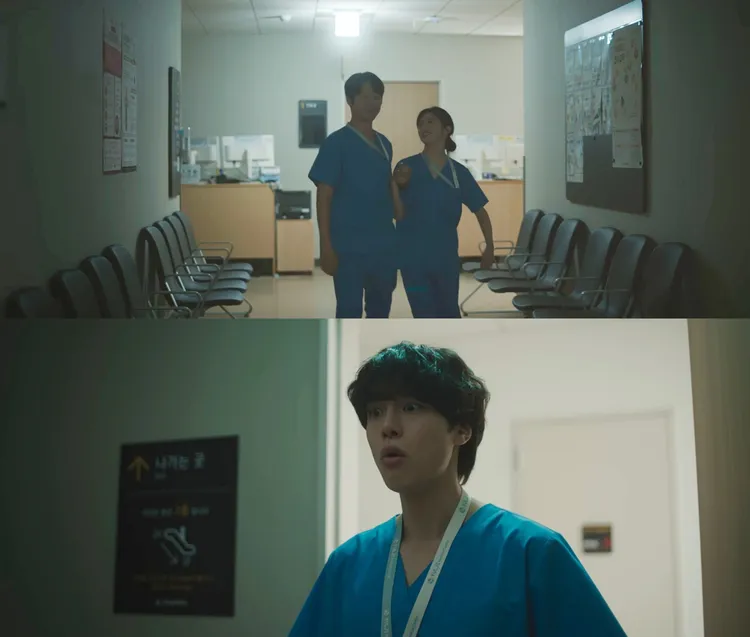 鄭準元（上圖左）、高允貞偷偷約會走出診間，被姜有皙發現。翻攝Netflix