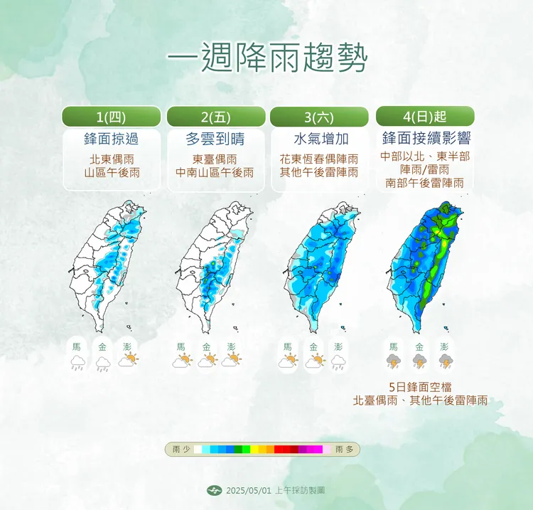 鋒面接力報到，週末起中部以北與東半部雨勢明顯增強，午後雷陣雨機率提升。中央氣象署提供