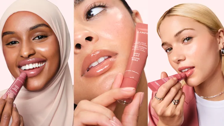 蘭芝甜甜圈澎潤水唇釉主打色，左起#肉桂糖霜、#蜜桃玫瑰、#楓糖紅棕。品牌提供