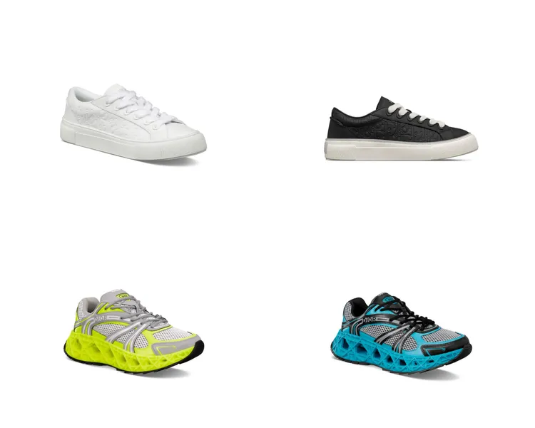 Dior B33 Spin白色Gravity皮革休閒鞋（左上）、黑色Gravity皮革休閒鞋（右上），各3萬7000元；B35 NXXT淺灰色與黃色科技網布運動鞋（左下）、黑色與藍色科技網布運動鞋（右下），各4萬3000元。品牌提供