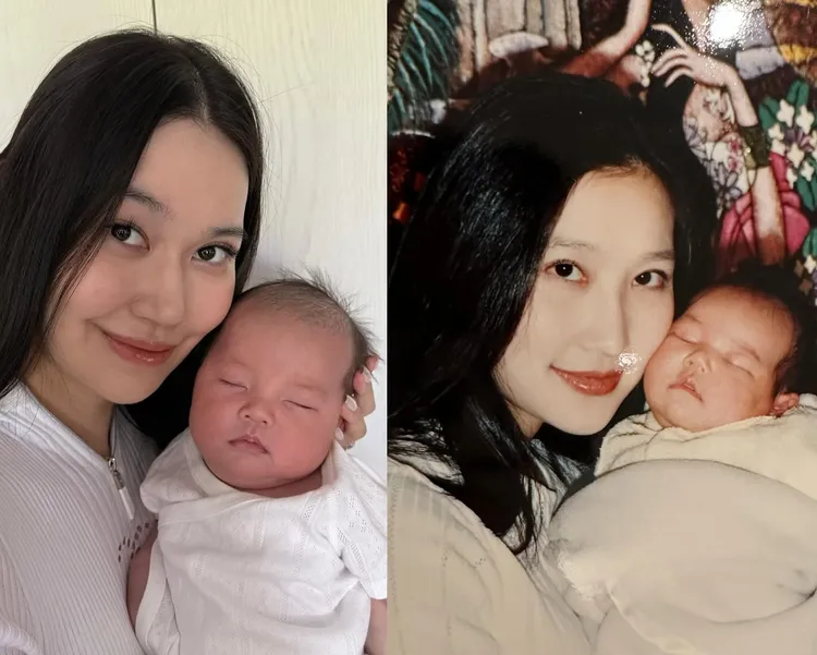 董若彤抱著兒子和當年錢德月抱著她的模樣極為相似。翻攝《@carolchien17》IG