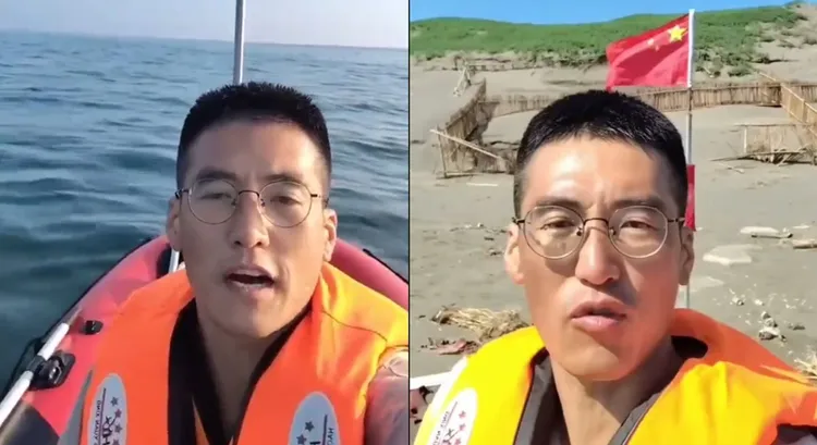 中國網紅「山東凱哥」自稱駕動力橡皮艇，從福建出海，在桃園登陸並插上五星紅旗。