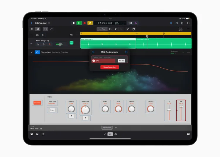 Learn MIDI現在登上 iPad，讓使用者可輕鬆將MIDI裝置上常用的旋鈕、推桿和按鈕指派至控制外掛模組、樂器與其他可自動化參數，以便實作操控。Apple提供