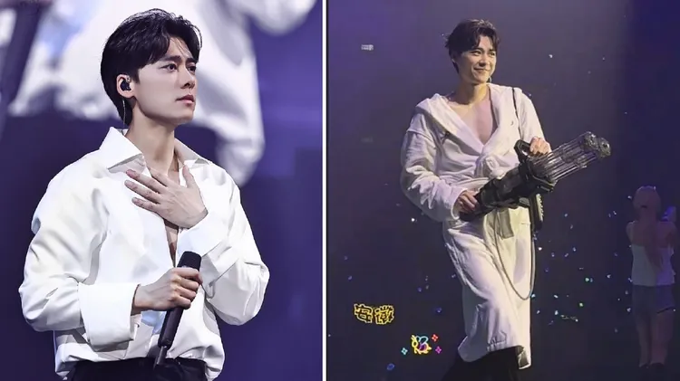 李易峰上月在泰國開演唱會，拿水槍射粉絲。左圖翻攝朝夕WITH·李易峰微博，右圖翻攝喋喋以die以喋喋_坨微博