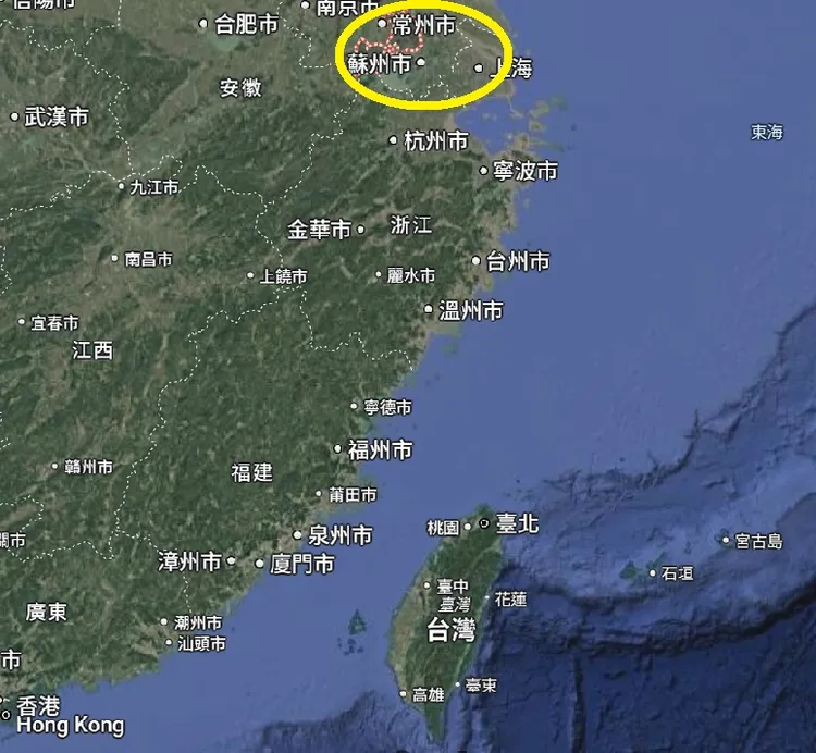 中國南京、無錫周邊（黃圈），5日晚間實施人造雨作業。翻攝GoogleMap