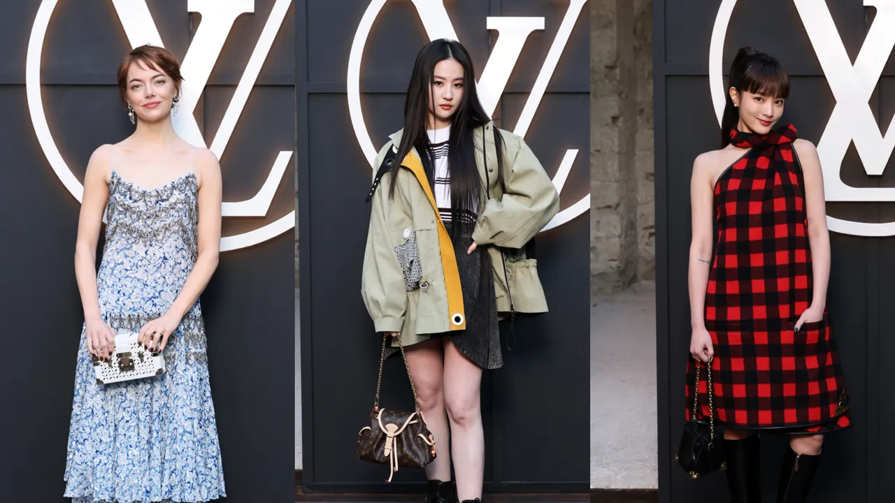 艾瑪史東（左起）、劉亦菲、王淨現身LV 2026早春女裝系列發表，劉亦菲的造型乍看之下很像日本女星木村光希。品牌提供