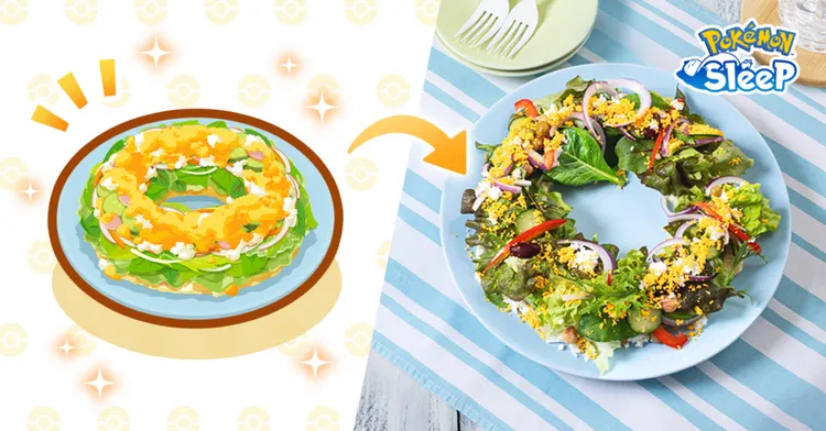 膳食纖維大爆發的「含羞草馬鈴薯沙拉」，靈感來自《Pokémon Sleep》中的「花吹雪含羞草沙拉（はなふぶきミモザサラダ）」。翻攝《Pokémon Sleep》官網